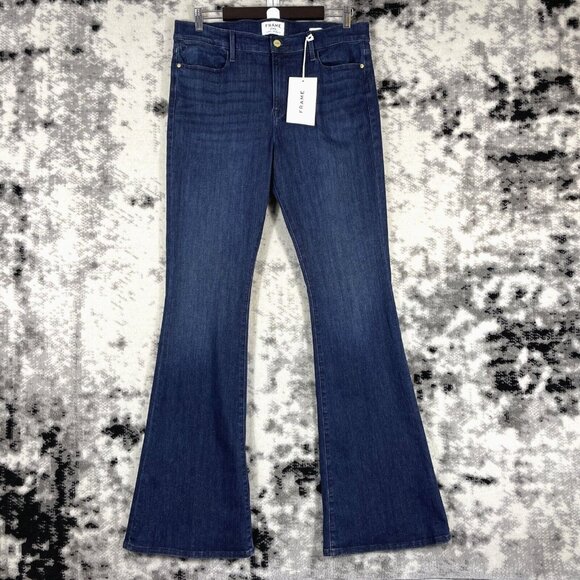 Frame Le High Rise Flare Jeans Womens Size 33 Dark Wash Cowgirl Stretch - Picture 1 of 15
